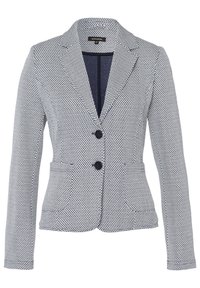 Blazer de diseño ajustado, hecho de tela texturizada en azul marino con lunares blancos, con dos bolsillos delanteros y dos botones.