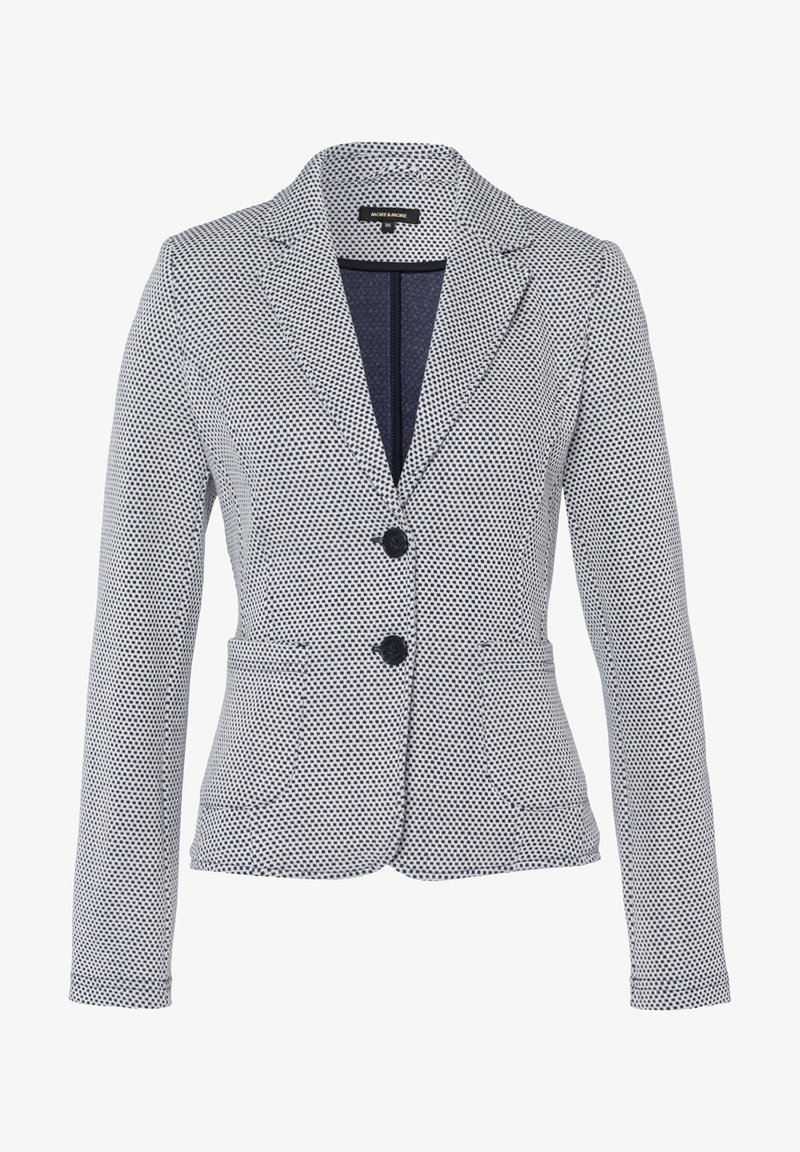 Blazer de diseño ajustado, hecho de tela texturizada en azul marino con lunares blancos, con dos bolsillos delanteros y dos botones.