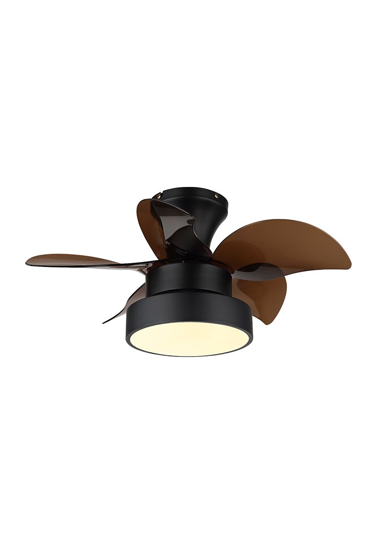 Stropní ventilátor se třemi hnědými listy a černým motorovým krytem, s integrovaným bílým světlem uprostřed. Hladký, moderní design.