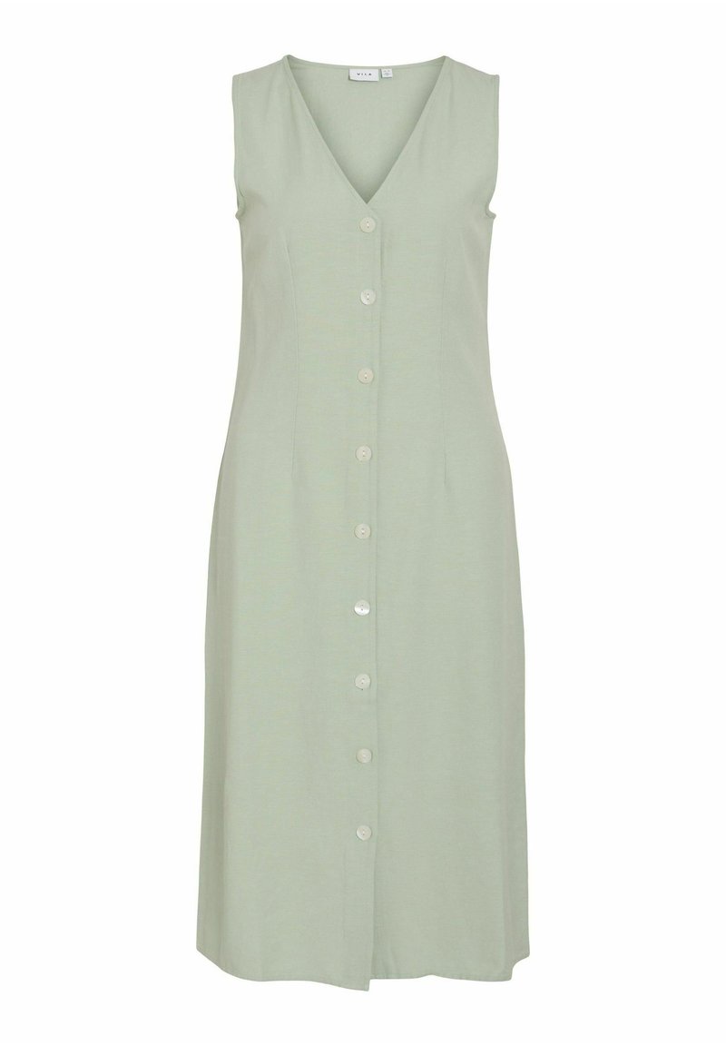 Robe sans manches vert sauge avec un décolleté en V, dotée d'une fermeture à boutons, de coutures verticales et d'un ourlet évasé. Texture lisse, design décontracté.