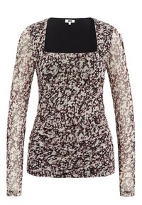 Långärmad topp i genomskinligt tyg med fyrkantig halsringning, med ett blommönster i lila, vitt och grönt, samt detaljer med rynk.