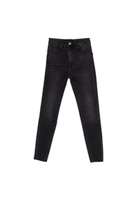 Černé skinny džíny s vysokým pasem vyrobené z denimu, s pevným švem a hladkou texturou, obsahující pět kapes a zapínání na předním knoflíku.