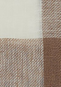 Plaid fabric featuring alternating cream and brown hues, with a textured surface and fine diagonal lines forming the pattern.