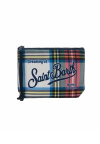 Piccola borsetta con zip decorata da un motivo a quadri multicolore e con il testo "Sognando il Paradiso Invernale di Saint Barth" sul davanti.