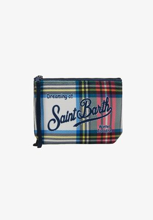 Kleine ritstas met een multikleurig geruit patroon en de tekst "Dromend van Saint Barth Winterparadijs" aan de voorkant.