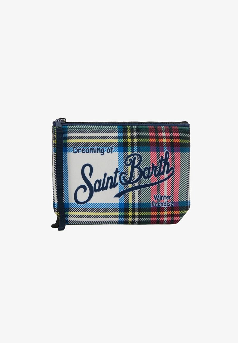 Piccola borsetta con zip decorata da un motivo a quadri multicolore e con il testo "Sognando il Paradiso Invernale di Saint Barth" sul davanti.