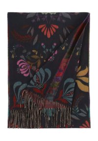 Écharpe sombre tissée avec des motifs floraux multicolores et des extrémités à franges, partiellement pliée pour montrer une étiquette en tissu.