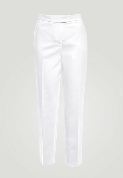 White tailored pants with a straight fit, featuring a flat front, hidden zipper, and side pockets. Smooth texture and clean lines.