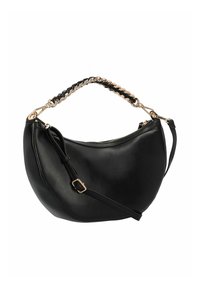 Schwarze Leder-Schultertasche mit geschwungener Form, ausgestattet mit einem geflochtenen Kettenhandgriff und einem verstellbaren Tragegurt, goldfarbener Hardware und Reißverschluss.