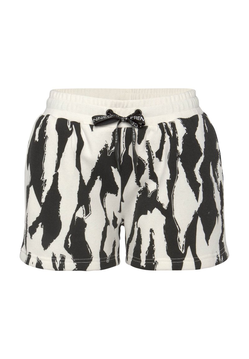 Cotton shorts with a black and white abstract pattern, elastic waistband with a drawstring, and stitched hem detailing.