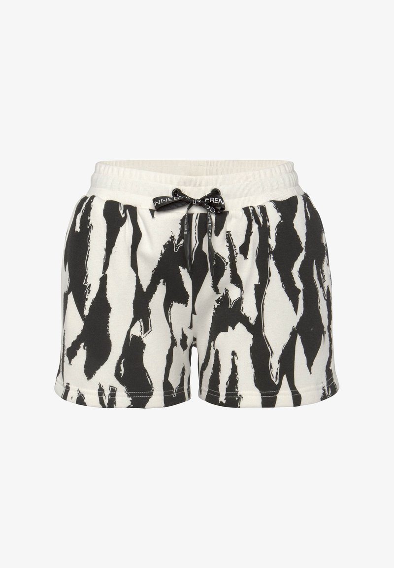 Cotton shorts with a black and white abstract pattern, elastic waistband with a drawstring, and stitched hem detailing.