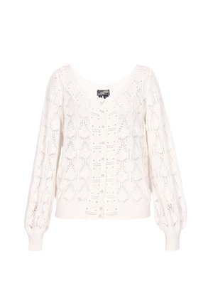 Fehér kötött kardigán, könnyű, csipkeszerű mintával, kerek nyakkivágással és gombos elejű, megemelt hosszú ujjakkal.