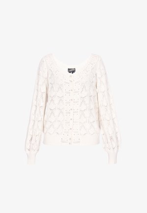 Hvid strikket cardigan med et let, blonddesign, rund halsudskæring og puffede lange ærmer med knaplukning foran.