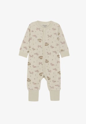 Lichtbeige katoenen rompertje met lange mouwen, voorzien van een patroon van kleine dieren in gedempte kleuren. Inclusief een drukknopen sluiting aan de voorkant en geribbelde benen.