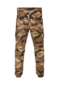 Brown and tan camouflage cargo pants with elastic cuffs, two back flap pockets, and side pockets, shown from the back on a white background.