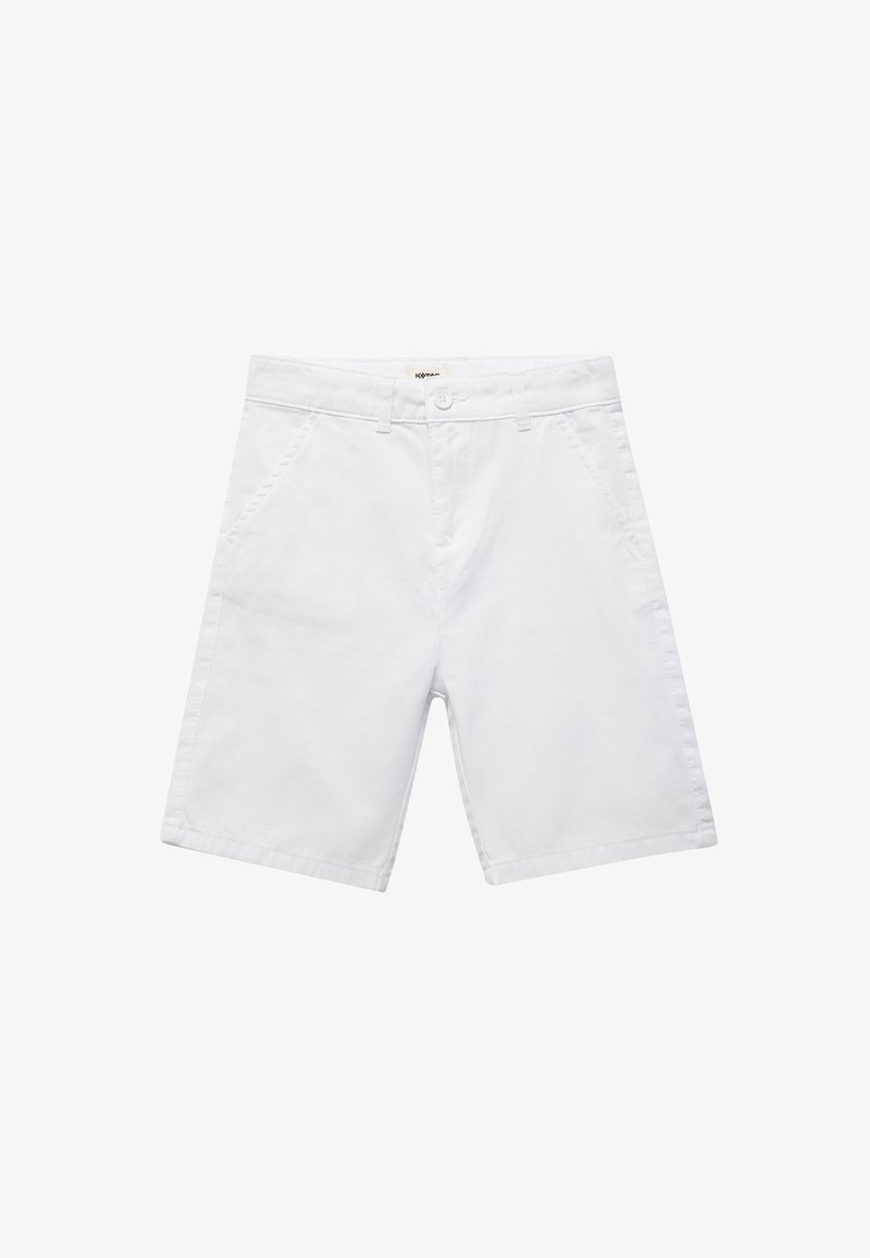 White cotton shorts with a straight cut, featuring front pockets, a button closure, and a clean, simple design.