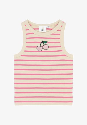 Stribet tanktop i lys beige og pink med et broderet kirsebærdesign i midten. Blødt stof med en tætsiddende pasform.