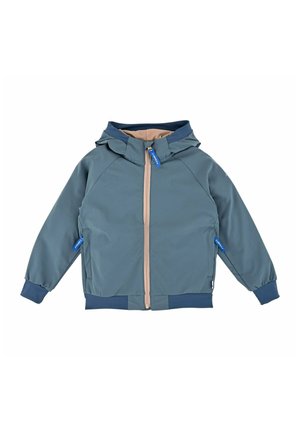 Giacca con cappuccio blu-grigia con cerniera frontale, polsini elasticizzati, due tasche laterali con cerniera e bordo della cerniera beige a contrasto.