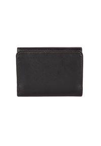 Portafoglio in pelle nera con una texture liscia, forma rettangolare e cuciture marroni a contrasto lungo i bordi; nessun hardware visibile.