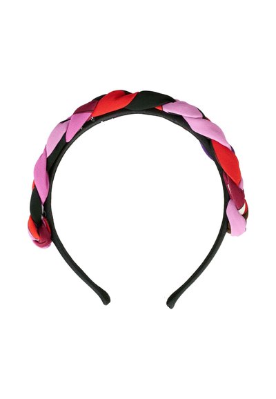 Bandeau tressé mettant en avant des tissus rose, rouge et noir, avec une forme lisse et arrondie et une bande noire contrastante en dessous.