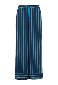 Marineblauwe wijde broek met verticale strepen in teal en wit. De stof heeft een gladde textuur, met een elastische tailleband en zijzakken.