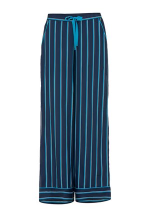 Granatowe spodnie o szerokich nogawkach z pionowymi paskami w odcieniach turkusu i bieli. Materiał ma gładką fakturę, z elastycznym paskiem w talii i bocznymi kieszeniami.