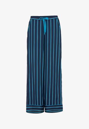 Granatowe spodnie o szerokich nogawkach z pionowymi paskami w odcieniach turkusu i bieli. Materiał ma gładką fakturę, z elastycznym paskiem w talii i bocznymi kieszeniami.