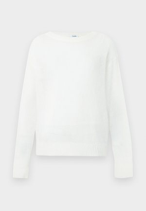 Fehér, hosszú ujjú, kerek nyakú pulóver bordázott mandzsettákkal és szegéllyel, semleges háttér előtt laposan megjelenítve.