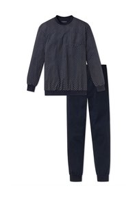 Navy blue loungewear set featuring a patterned sweatshirt with ribbed cuffs and a round neck, paired with matching tapered pants.