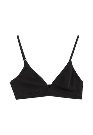 Bralette triangolare nera realizzata in tessuto morbido. Presenta spalline sottili e regolabili e un design senza cuciture, privo di imbottitura o ferretto.