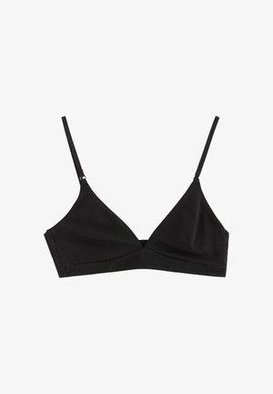 Bralette triangolare nera realizzata in tessuto morbido. Presenta spalline sottili e regolabili e un design senza cuciture, privo di imbottitura o ferretto.