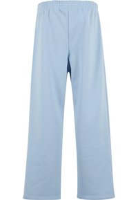 Light blue, loose-fitting pants made of soft fabric with an elastic waistband and wide legs, featuring a simple, smooth texture.