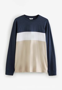Langarm t-shirt met een marineblauwe bovenkant, witte middenstreep en beige ondersectie. Gemaakt van zachte stof met een ronde hals.