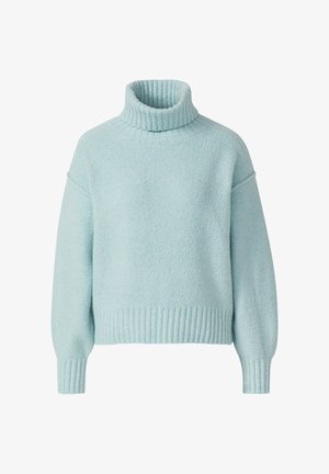 Hellblauer, weicher, strukturierter Pullover mit hohem Rippkragen und überschnittenen Schultern, der gerippte Bündchen und einen gerippten Saum hat.