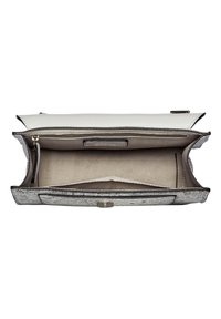 Structured handbag featuring a white leather exterior with a textured silver base, an interior compartment with a beige lining and zip pocket.