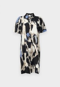 Rochie cambrată cu mânecă scurtă, în pattern abstract alb, negru și albastru, cu un decolteu cu guler și închidere cu nasturi, confecționată dintr-un material ușor.