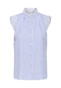 Blusa senza maniche a righe blu e bianche con colletto alto, chiusura a bottoni e dettagli in pizzo sulle spalle. Realizzata in tessuto leggero.