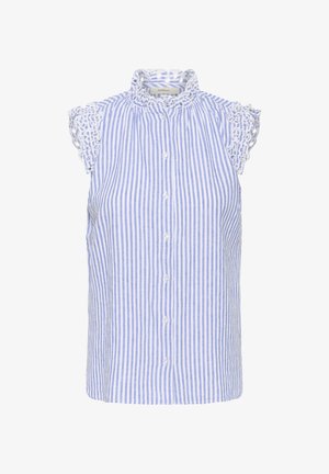 Bluză fără mâneci, cu dungi albastre și albe, cu guler înalt, închidere cu butoane și detalii de dantelă la umeri. Fabricată dintr-un material ușor.