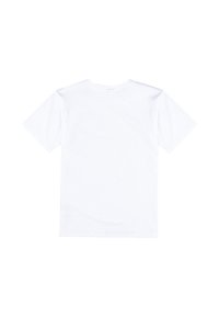 T-shirt bianca in cotone con collo rotondo e maniche corte; design semplice, texture liscia, senza logo o motivi visibili sulla schiena.