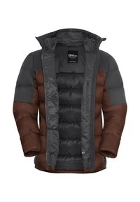 Giubbotto imbottito marrone e grigio con zip frontale, cappuccio e molteplici tasche interne. Presenta un design trapuntato e un tessuto testurizzato.