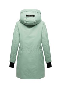 Lys grøn parka med hætte, elastisk talje og sorte ærmekanter. Glat tekstur og mærketag på bagsiden.