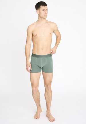 Ung mand stående barfodet iført grønne boksershorts, kigger mod venstre med højre hånd hvilende på hoften mod en ensfarvet baggrund.