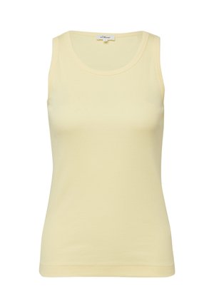 Ärmelloses, hellgelbes Rippstrick-Top mit rundem Ausschnitt, figurbetontem Schnitt und s.Oliver Markenetikett im Krageninneren.