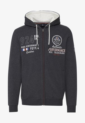 Dunkelgrauer Kapuzenpullover mit Reißverschluss, aus Fleece gefertigt. Mit weißem Innenfutter, Logo-Drucken und kontrastierenden Reißverschlussdetails.