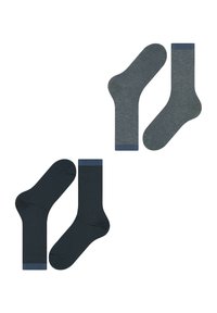 Zwei Paar gestreifte Knöchelsocken, eines in Dunkelblau und Schwarz, das andere in Hellblau und Grau, auf einem weißen Hintergrund präsentiert.