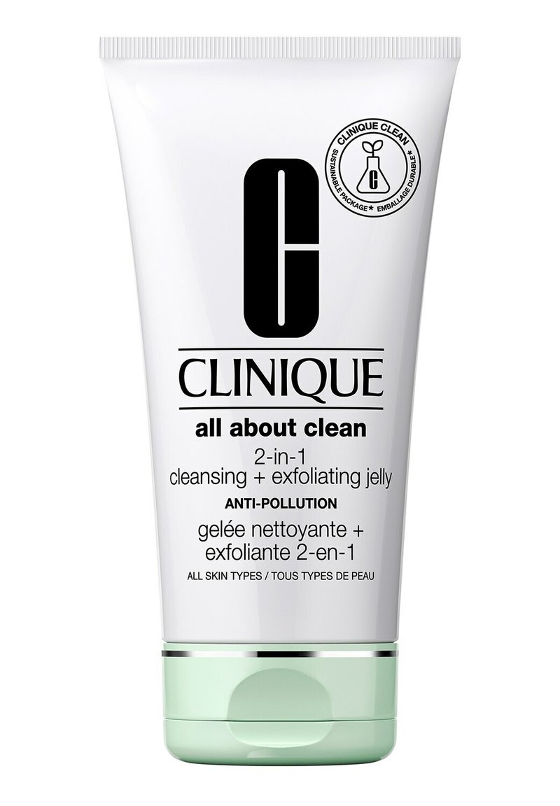 Tube squizzle blanc avec une base vert menthe. Texte noir incluant les détails de la marque et du produit. Logo circulaire indiquant un emballage durable.