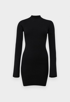 Črn rebrast pleten dolg rokav obleka z visokim ovratnikom in oprijetim silhuetom, ki se ponaša z gladko teksturo in dolžino do sredine stegna.