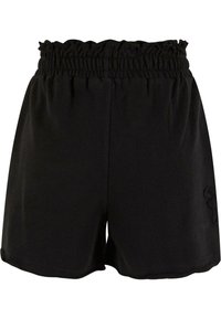 Svarte shorts laget av mykt stoff med smocket liv. Har en rundet hem og en subtil logoaccent på siden.