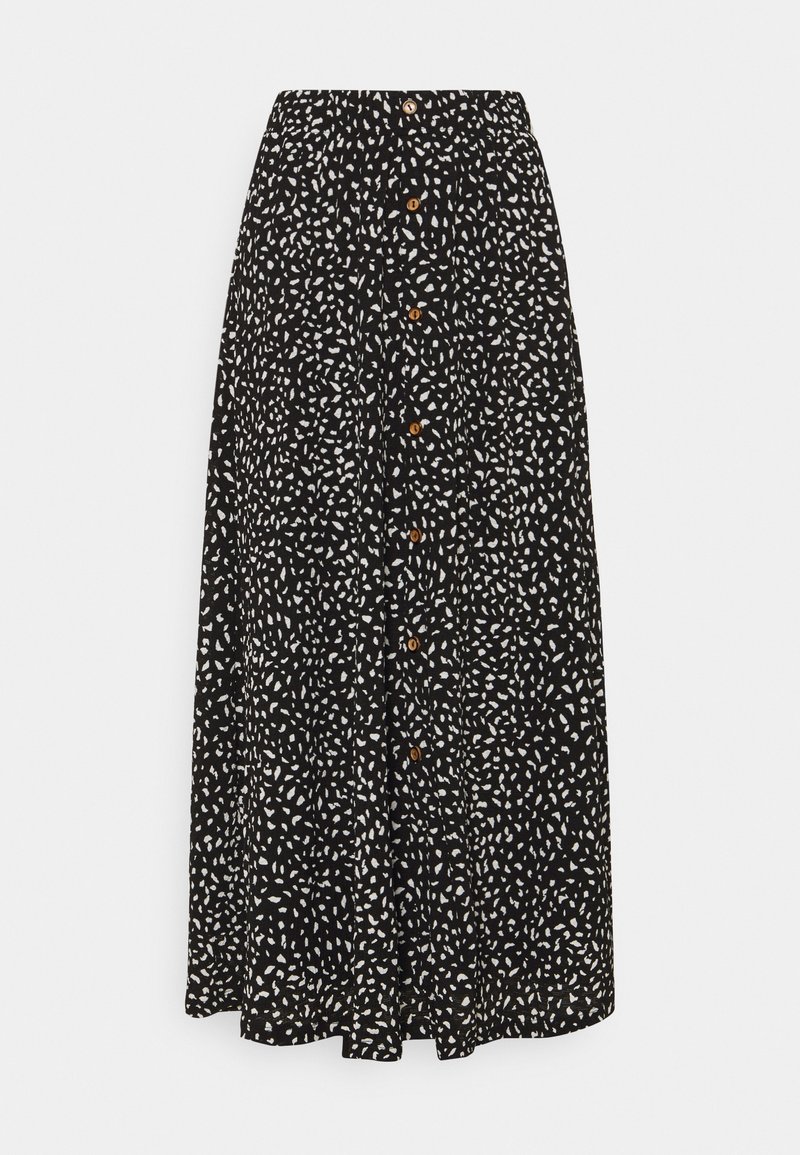Jupe midi noire avec des taches abstraites blanches, fermeture à boutons marron sur le devant et taille élastique.