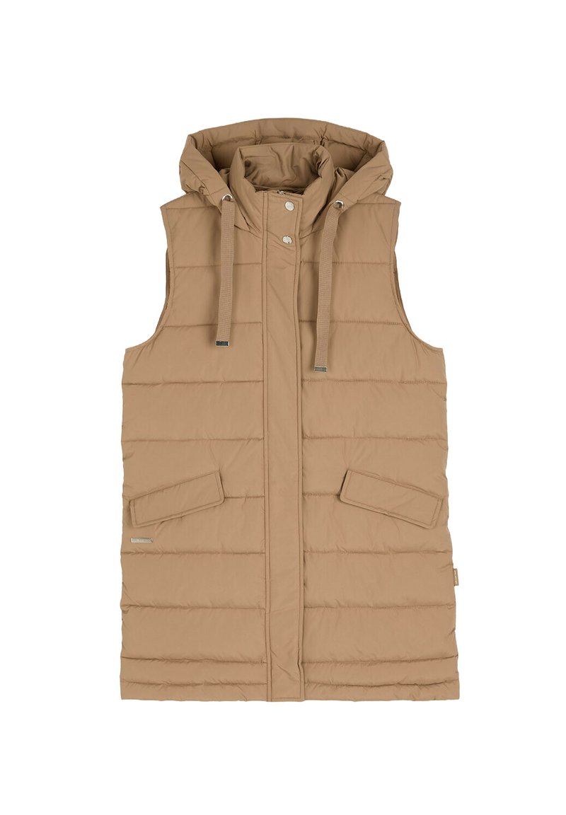 Beżowa kamizelka puchowa z kapturem, zapięcie na zamek błyskawiczny, dwie przednie kieszenie oraz regulowane sznurki. Teksturowana pikowana powierzchnia z widocznymi szwami.